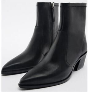 Zara Black Genuine Leather Cowboy Ankle Boots Block Heel Size 40 EU / 9 US